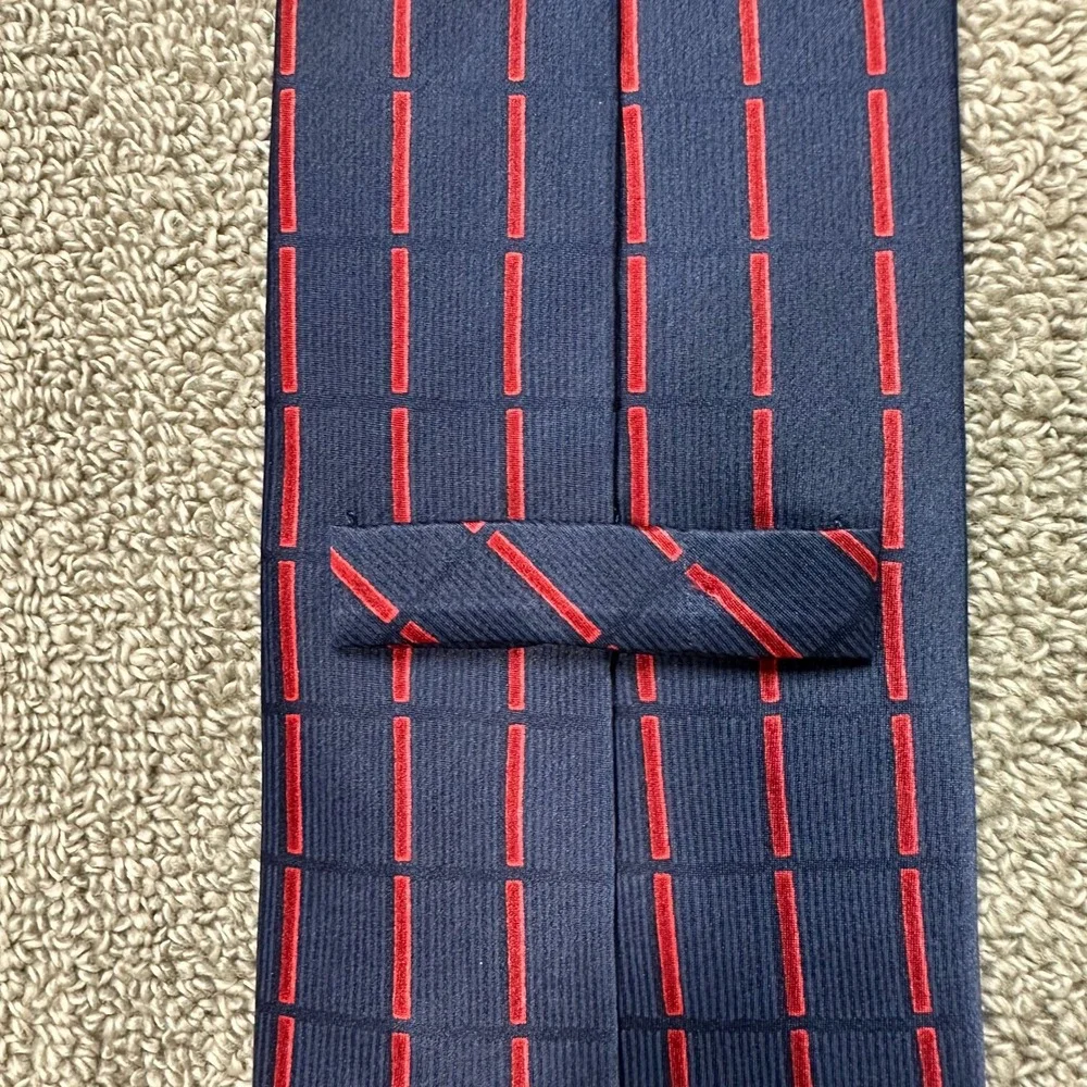 Gianfranco Ferre Mens Silk Tie Navy Blue Red Geometric Dash Made in Italy